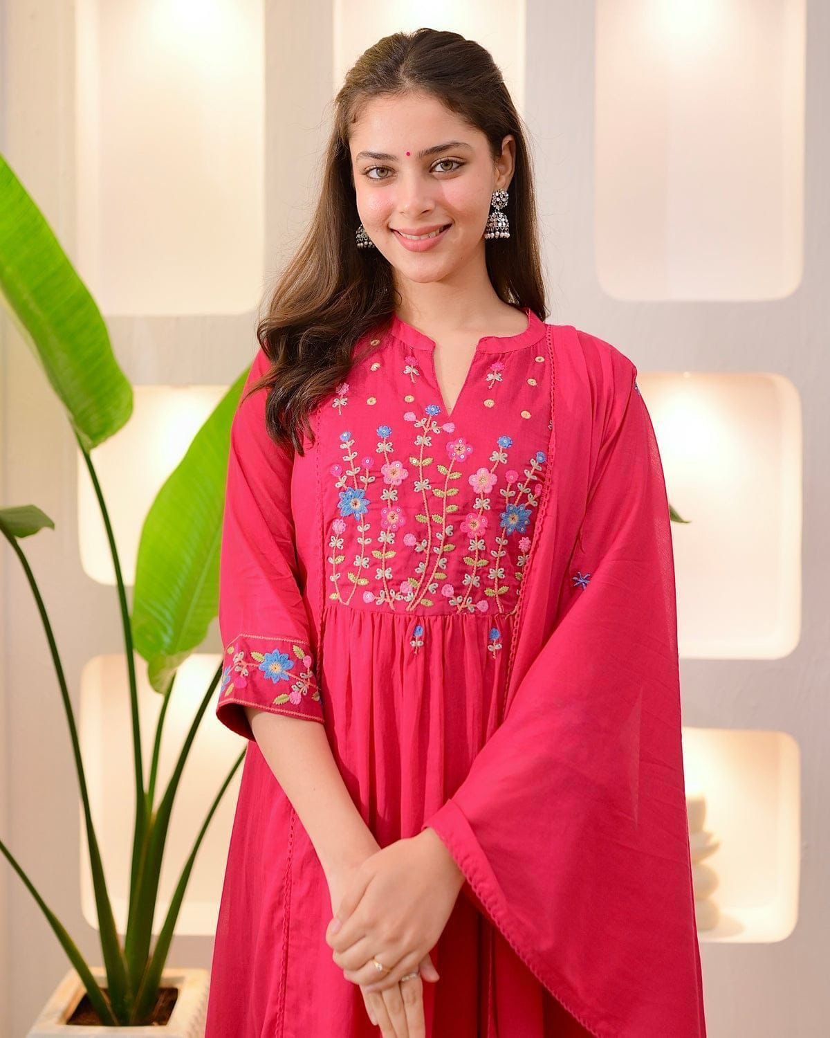 Pink Cotton Embroidered Kurti Set with Pant & Dupatta
